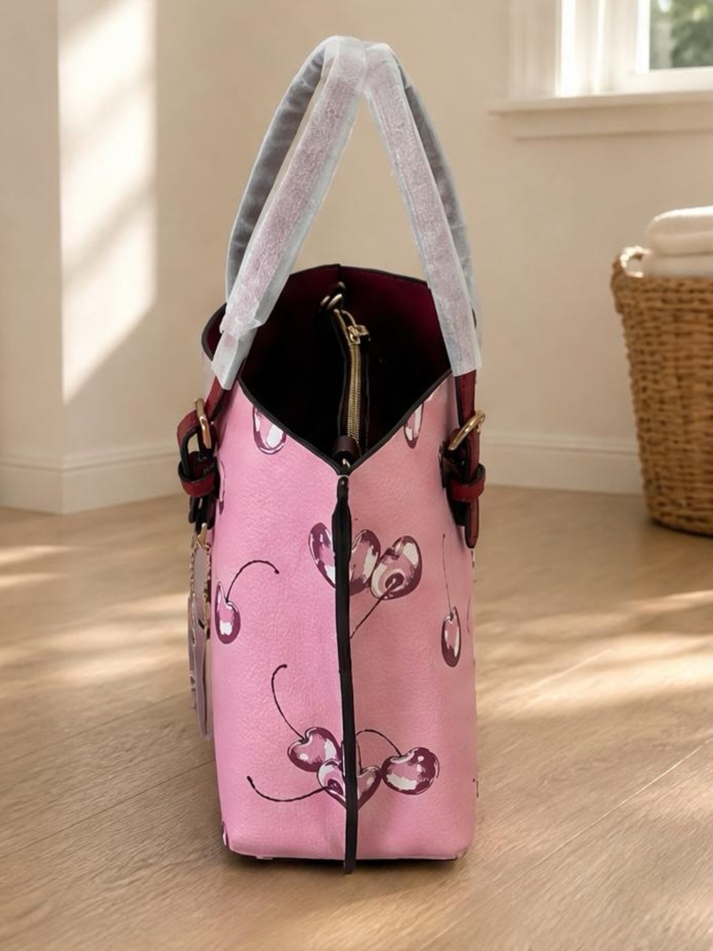 Coach Pink Cherry-Print Tote with Red Trim - Picture 4 of 6